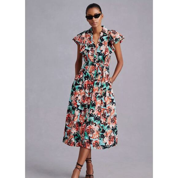 Maeve Floral Flutter-Sleeve Midi Shirt Dress - Picture 1 of 5